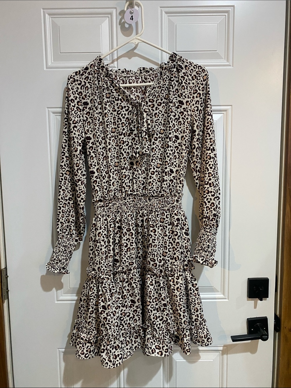 Leopard Print Long-Sleeve Tiered Dress - Beige/Brown - Picture 5 of 5